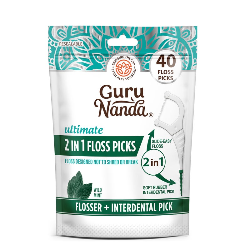 GuruNanda 2 in 1 Dental Floss Picks - Non-Slip Grip Handle, Slide Easy, No Break or Shred Flosser - Complete Oral Care with Interdental Pick for Healthy Teeth & Gums - Mint Flavor, 40 Count (1 Pack) - Image 1